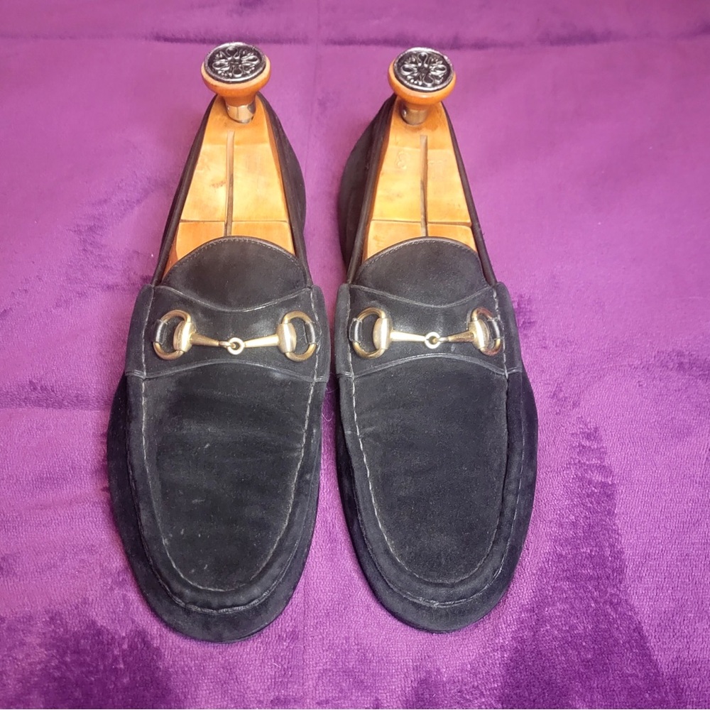 Mens Gucci Black Suede Vintage Gold Horsebit Classic Loafers